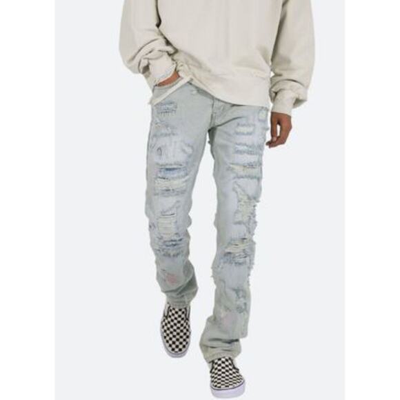 MNML Mens D276 Straight Button Fly Stretch Light Blue Distressed Patch Size 30 - Picture 2 of 6